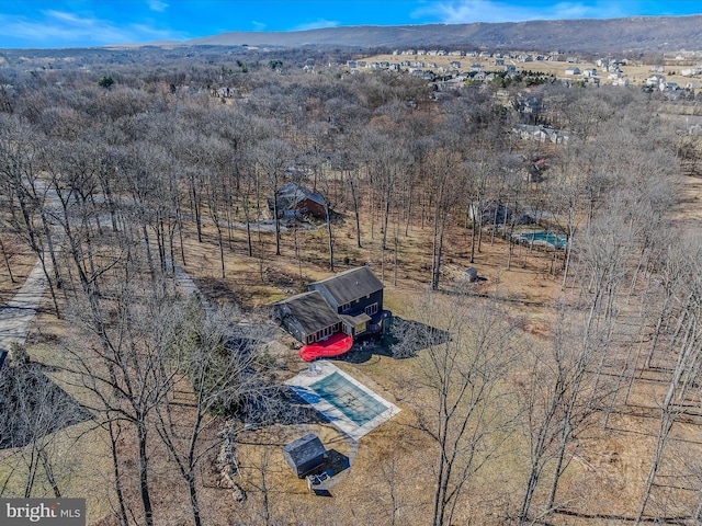 drone / aerial view featuring a mountain view