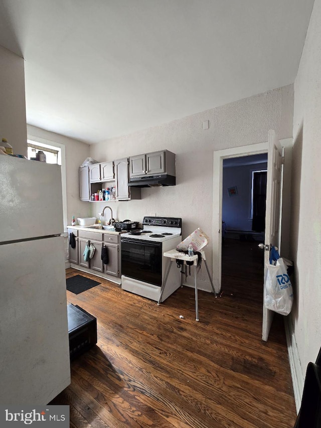 kitchen with range with electric cooktop, dark wood finished floors, a textured wall, freestanding refrigerator, and a sink