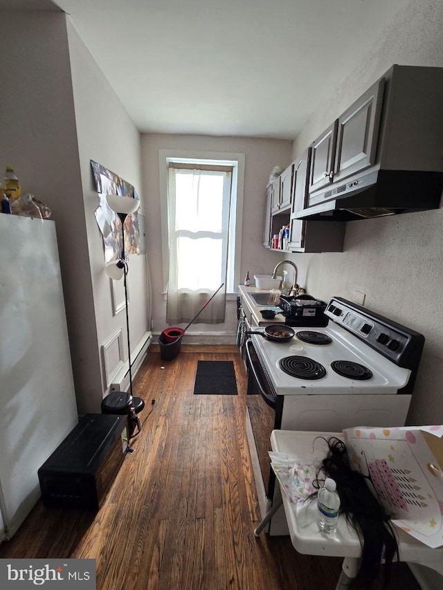 kitchen with white range with electric stovetop, baseboards, dark wood finished floors, a sink, and exhaust hood