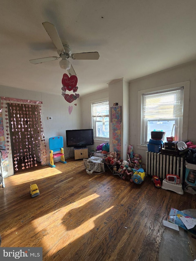 game room featuring radiator and wood finished floors