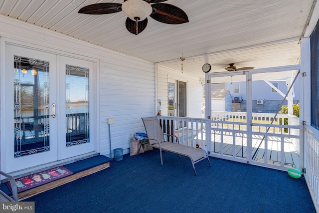 view of patio with covered porch, ceiling fan, and french doors