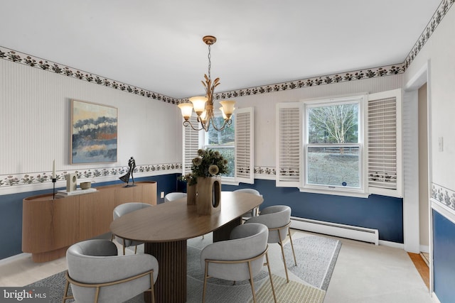 carpeted dining area with a chandelier, wallpapered walls, baseboards, and a baseboard radiator