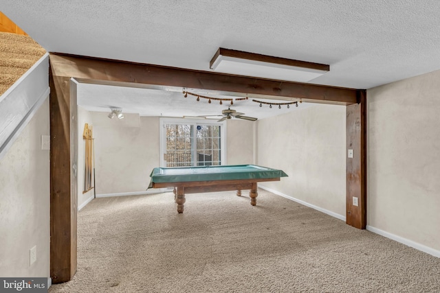 playroom with baseboards, carpet floors, a textured ceiling, and billiards