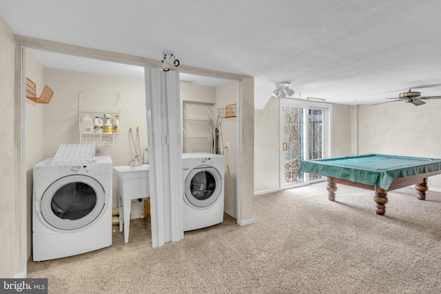 laundry room with washer / clothes dryer, carpet floors, pool table, and laundry area