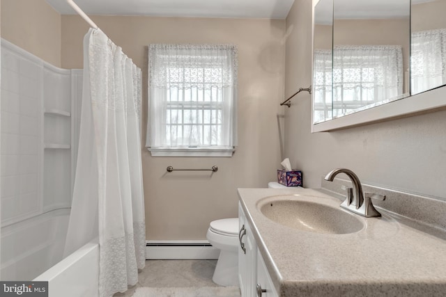 full bathroom featuring toilet, shower / tub combo, tile patterned flooring, baseboard heating, and vanity