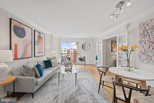 living area with a textured ceiling, ornamental molding, and light wood-style flooring