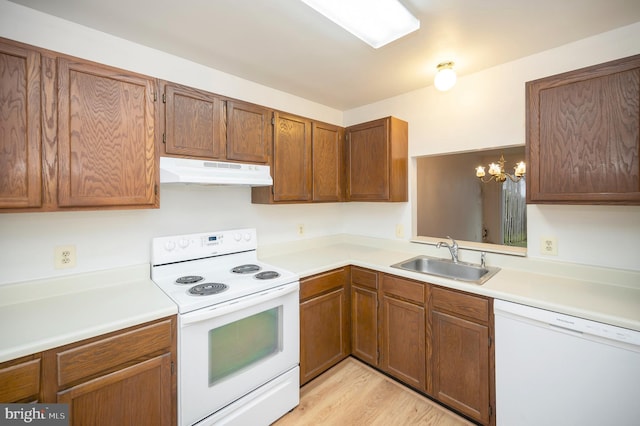 kitchen with light countertops, brown cabinetry, a sink, white appliances, and under cabinet range hood