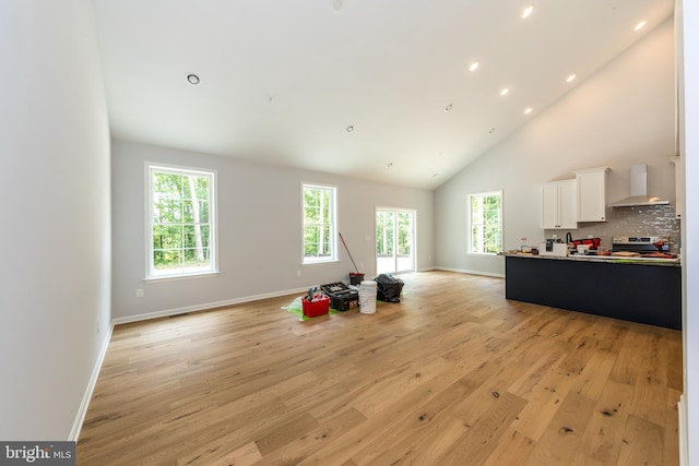 103 Matte Ln, Havre De Grace, MD 21078 - living area featuring light wood-style flooring, healthy amount of natural light, high vaulted ceiling, baseboards, and recessed lighting