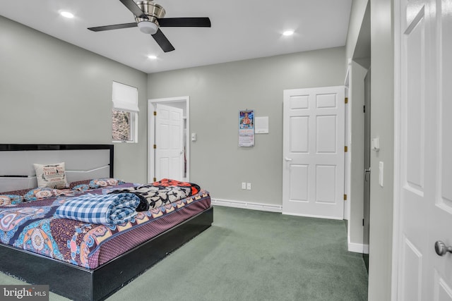 bedroom with ceiling fan, recessed lighting, carpet flooring, and baseboards