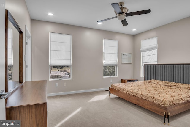 bedroom featuring ceiling fan, baseboards, carpet flooring, and recessed lighting