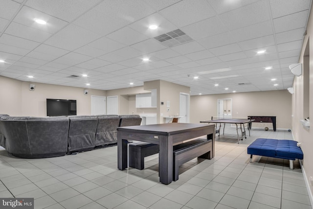 recreation room with a paneled ceiling, light tile patterned floors, visible vents, and recessed lighting