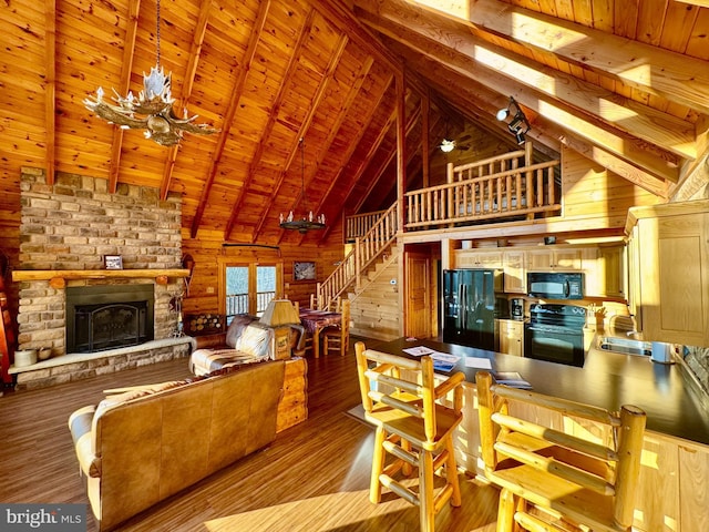 1608 Woodyard Rd, Grafton, WV 26354 - living room with wooden walls, high vaulted ceiling, a fireplace, and wood finished floors