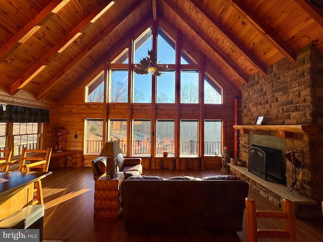 1608 Woodyard Rd, Grafton, WV 26354 - living area featuring wooden ceiling, a fireplace, wood walls, and wood finished floors