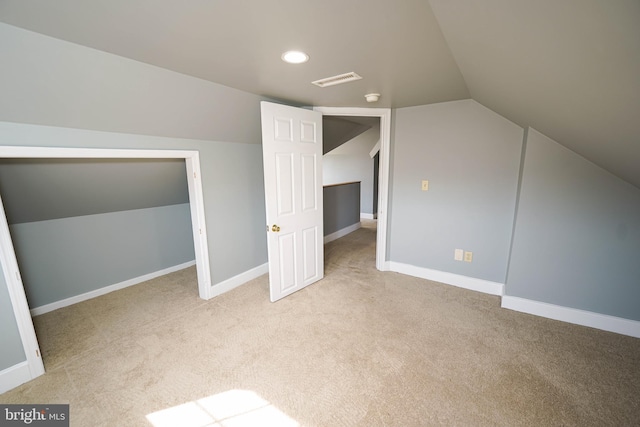 bonus room with carpet floors, lofted ceiling, recessed lighting, visible vents, and baseboards