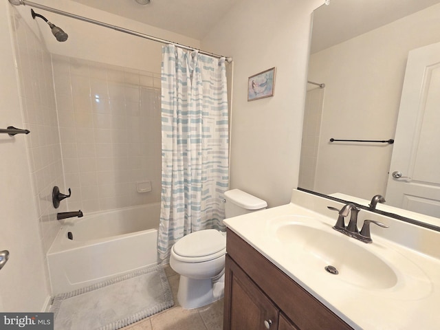 full bath featuring shower / bath combo, vanity, toilet, and tile patterned floors