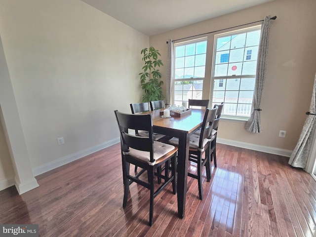 dining area with dark wood-style floors and baseboards