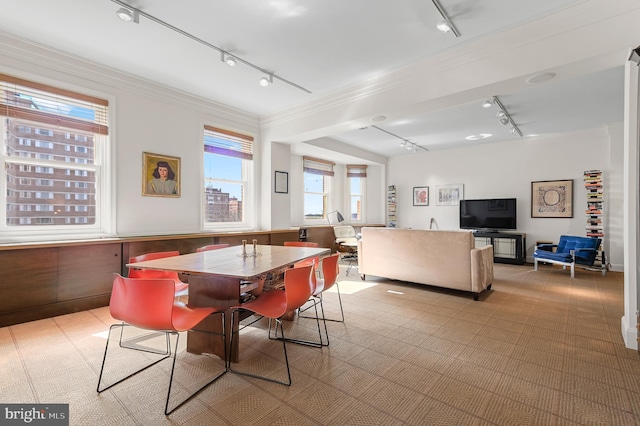 dining area with rail lighting and crown molding