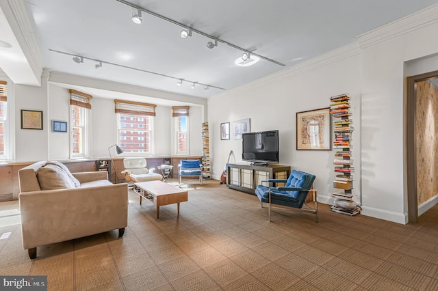 living room featuring ornamental molding, rail lighting, and baseboards