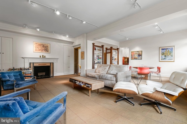 living room featuring baseboards, rail lighting, crown molding, and a fireplace