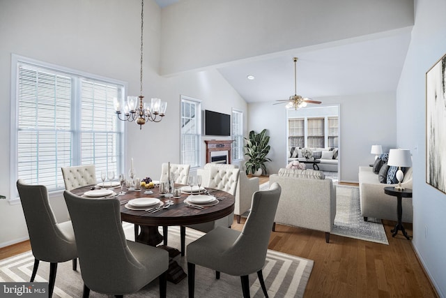 dining room featuring high vaulted ceiling, a wealth of natural light, a fireplace, and wood finished floors