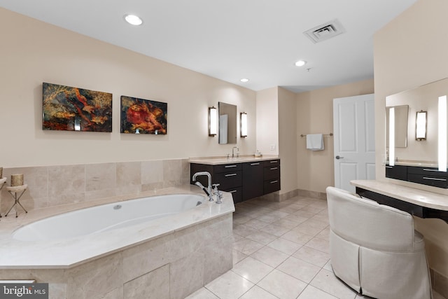 bathroom with visible vents, a garden tub, tile patterned flooring, vanity, and recessed lighting