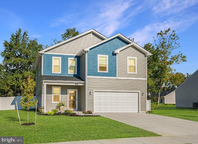 view of front of home with driveway, an attached garage, fence, cooling unit, and a front lawn