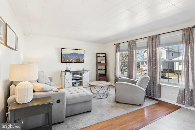 living room with baseboards and wood finished floors