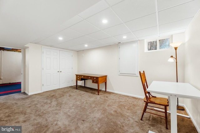 office area featuring recessed lighting, baseboards, and carpet