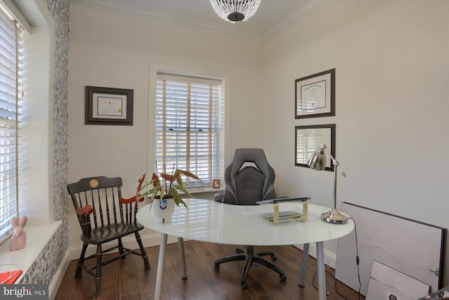 office featuring ornamental molding, wood finished floors, and baseboards