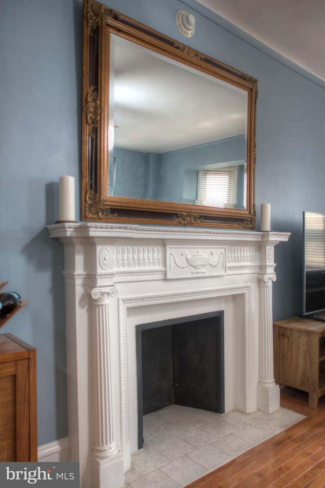 room details featuring a fireplace and wood finished floors