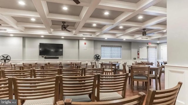 bar with recessed lighting, a decorative wall, visible vents, a ceiling fan, and beam ceiling