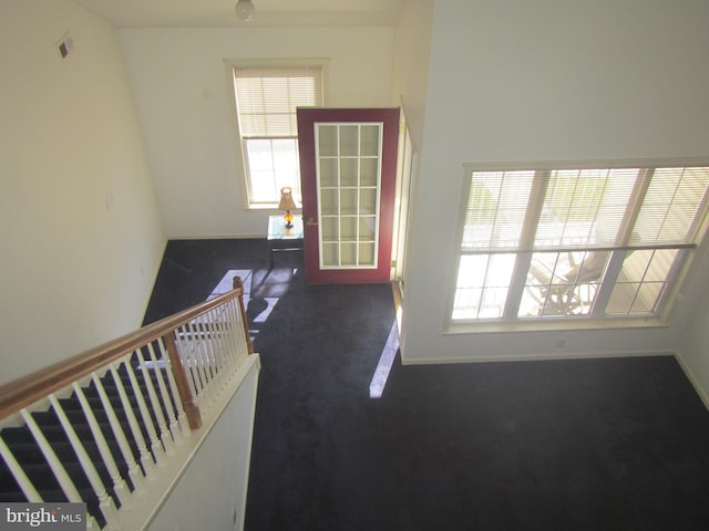 hall featuring stairs, a wealth of natural light, and carpet flooring