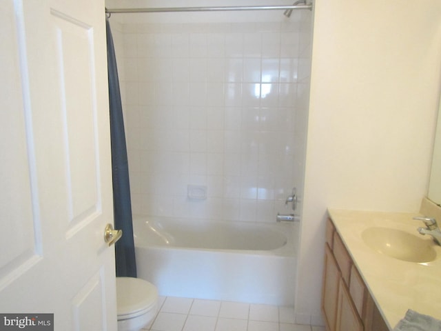 full bathroom featuring toilet, shower / tub combo, vanity, and tile patterned floors