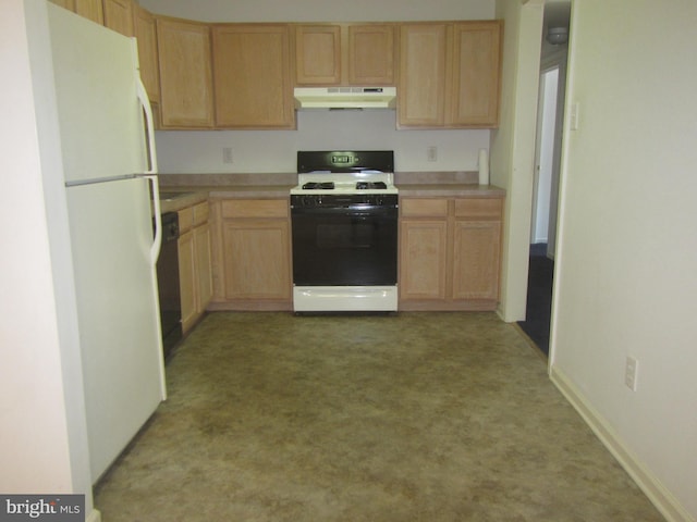 kitchen featuring range with gas stovetop, freestanding refrigerator, light countertops, light brown cabinetry, and under cabinet range hood