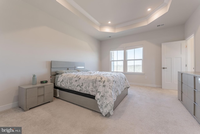 153 Glory Maple Ln, Downingtown, PA 19335 - bedroom with visible vents, baseboards, light colored carpet, a tray ceiling, and recessed lighting