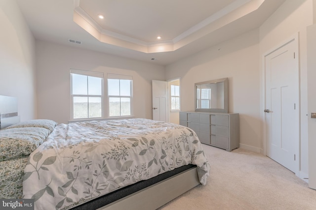 153 Glory Maple Ln, Downingtown, PA 19335 - bedroom featuring baseboards, visible vents, a tray ceiling, recessed lighting, and light colored carpet
