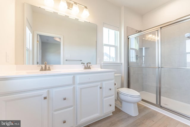 153 Glory Maple Ln, Downingtown, PA 19335 - bathroom with toilet, double vanity, a stall shower, wood finished floors, and a sink