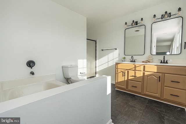 bathroom with a sink, toilet, walk in shower, and double vanity