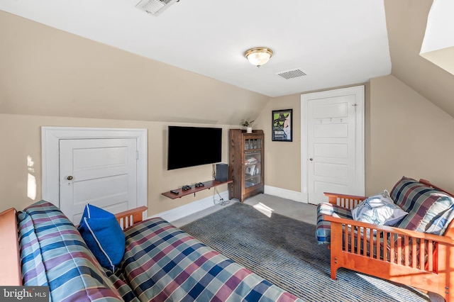 carpeted living room with vaulted ceiling, baseboards, and visible vents