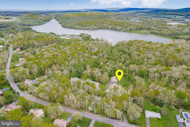 aerial view featuring a water view