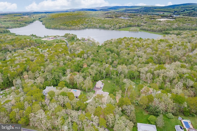 birds eye view of property featuring a wooded view and a water view