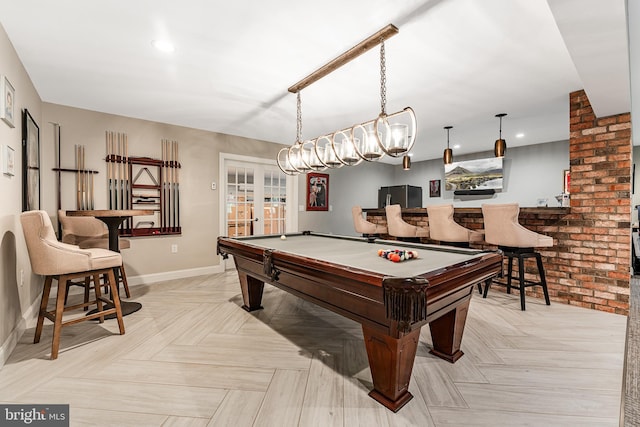 playroom featuring recessed lighting, french doors, billiards, and baseboards