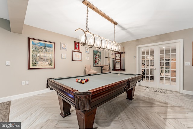 game room with french doors, pool table, and baseboards