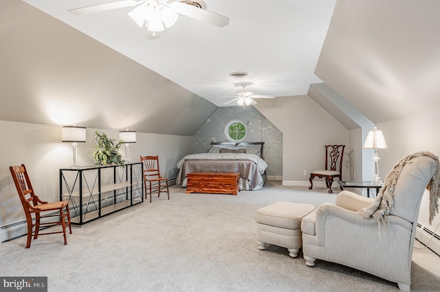 carpeted bedroom with visible vents, baseboards, a baseboard heating unit, and vaulted ceiling