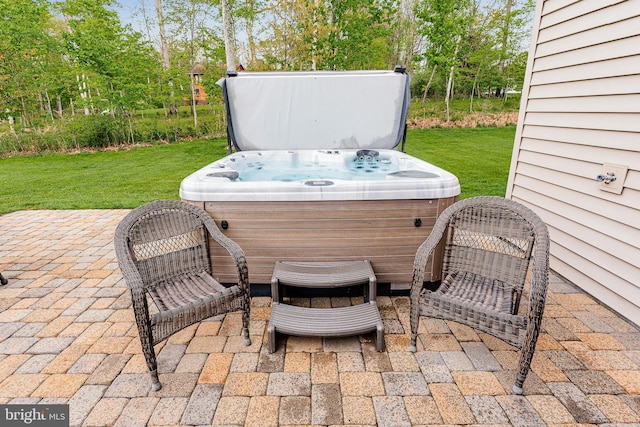 view of patio featuring a hot tub