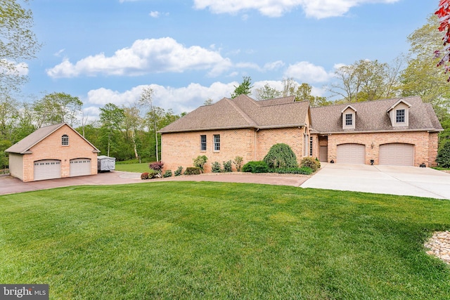 french provincial home featuring a front yard, brick siding, driveway, and roof with shingles