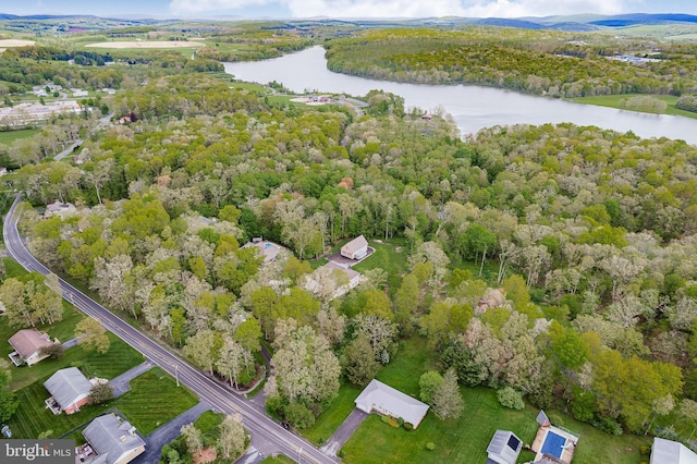 drone / aerial view featuring a forest view and a water view