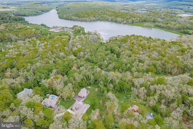 birds eye view of property with a forest view and a water view