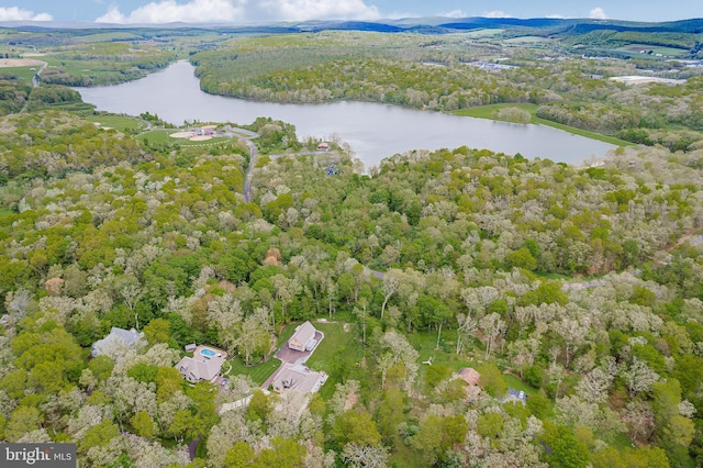 birds eye view of property with a wooded view and a water view