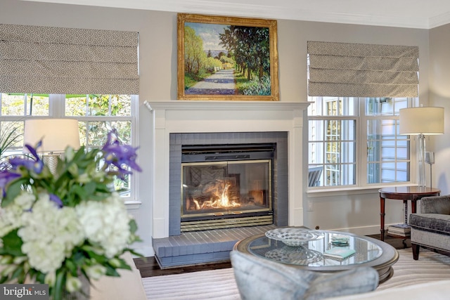 sitting room featuring ornamental molding, a glass covered fireplace, and wood finished floors